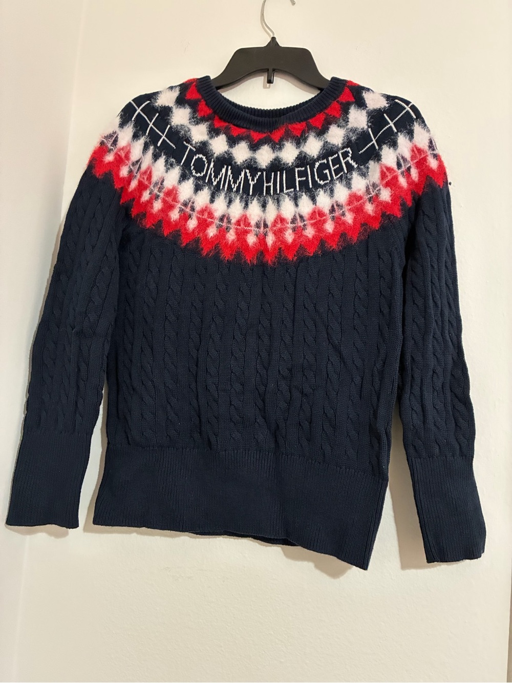 Tommy Hilfiger Navy Cable-Knit Fair Isle Sweater with Red and White Yoke